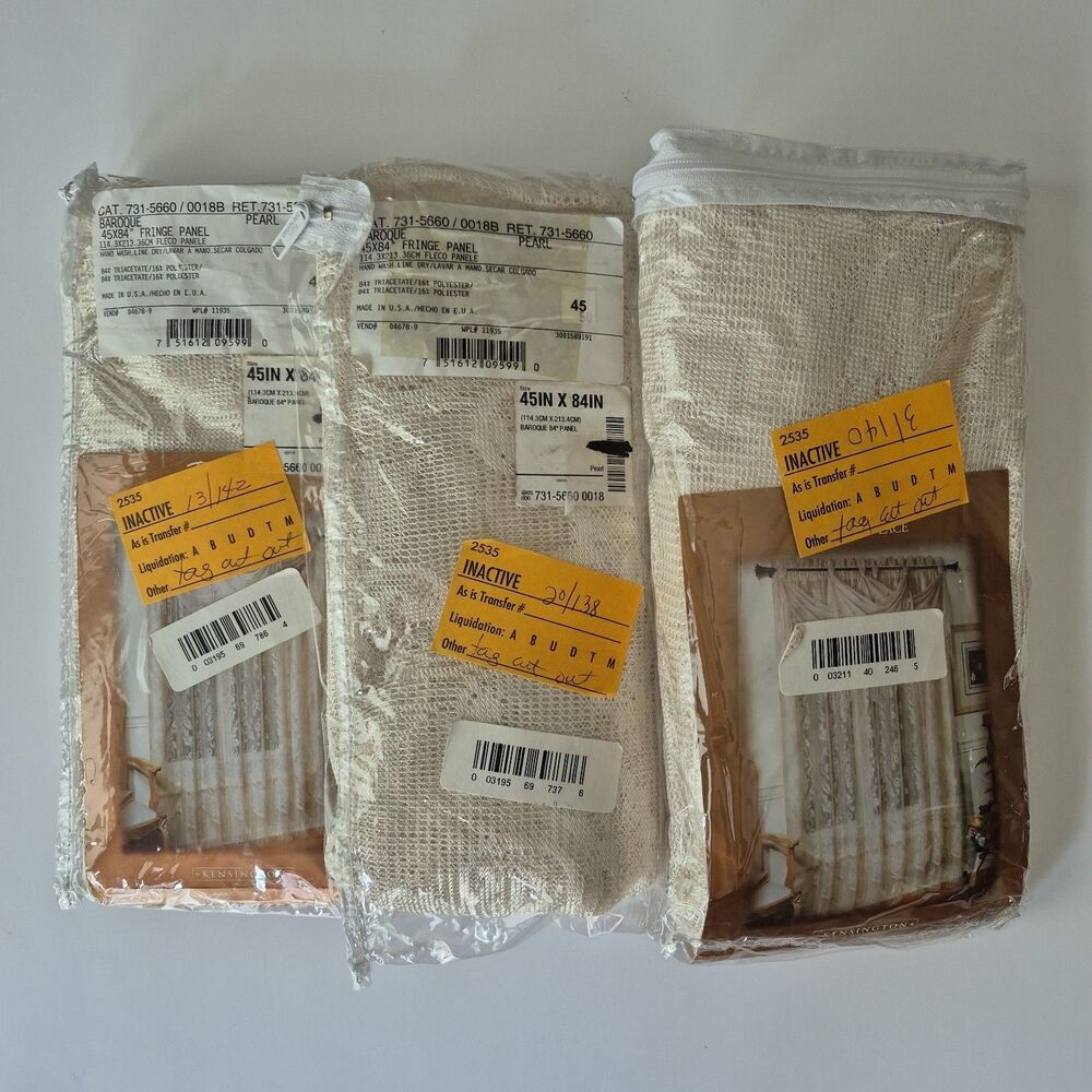 Kensington Pearl Baroque Set of 3 Vintage Damask Lace Fringe Panels  45 x 84 IN